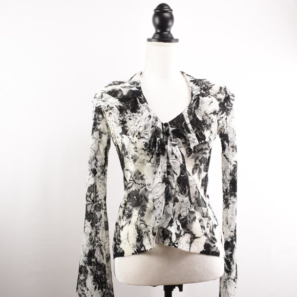 CACHE Sheer Blouse Black & White Floral Print - Picture 14 of 16